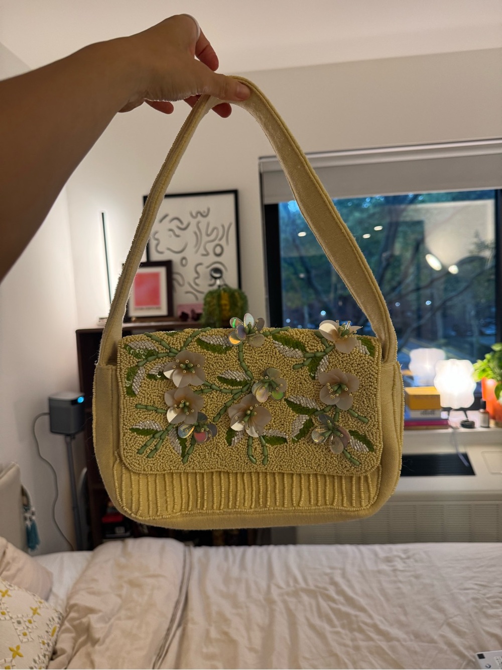 Yellow Floral Embellished Shoulder Bag